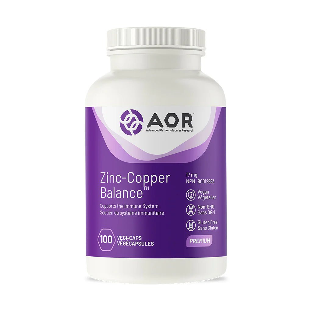 Bottle of AOR Zinc-Copper Balance supplement on a white background - Okotoks HC Pharmacy