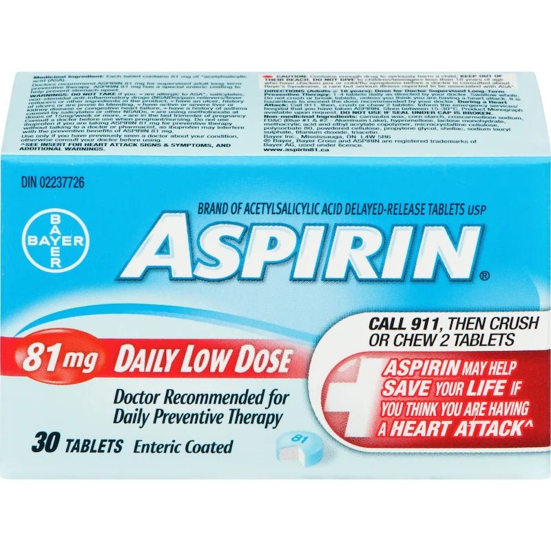 Box of Aspirin tablets with Bayer logo on a white background - Okotoks HC Pharmacy