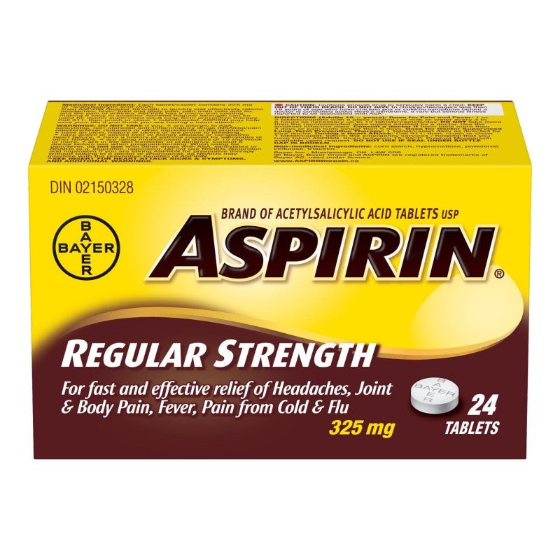 Box of Aspirin regular strength tablets on a white background - Okotoks HC Pharmacy
