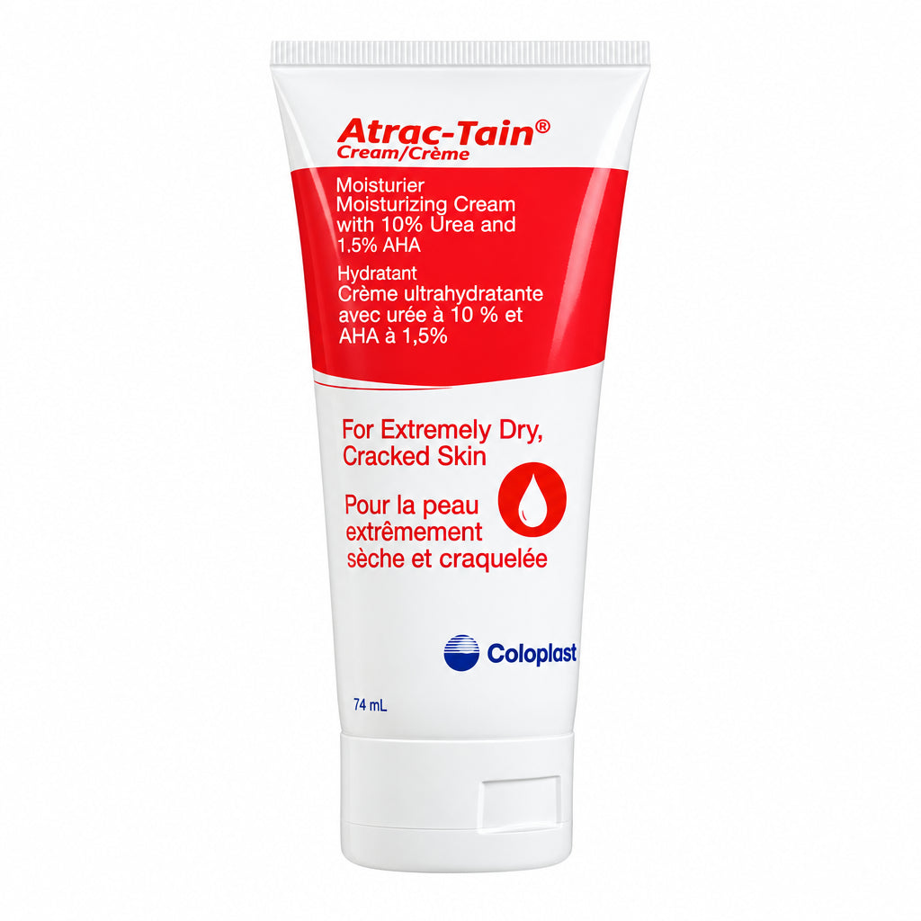 Tube of Atrac-Tain moisturizing cream on a white background - Okotoks HC Pharmacy