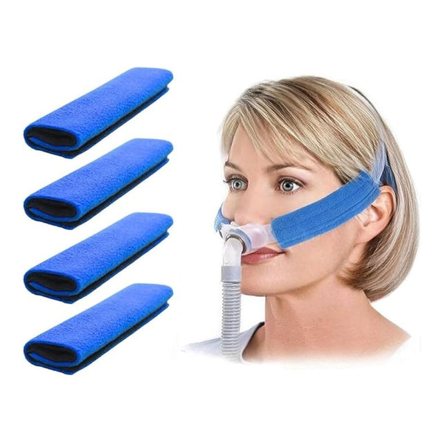 Four blue textured nose mask pads shown next to a blonde woman wearing a blue nasal mask with a breathing tube, on a white background. - okotoks hc pharmacy