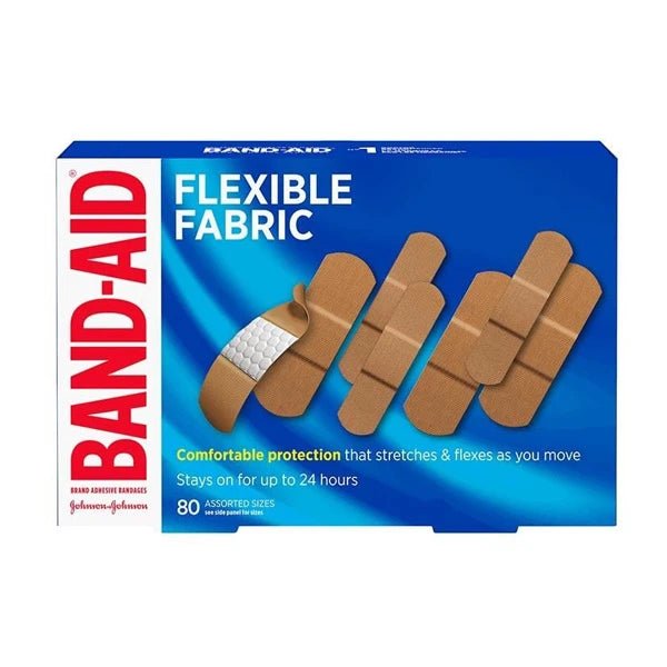 Box of Band-Aid flexible fabric bandages on a white background - okotoks hc pharmacy