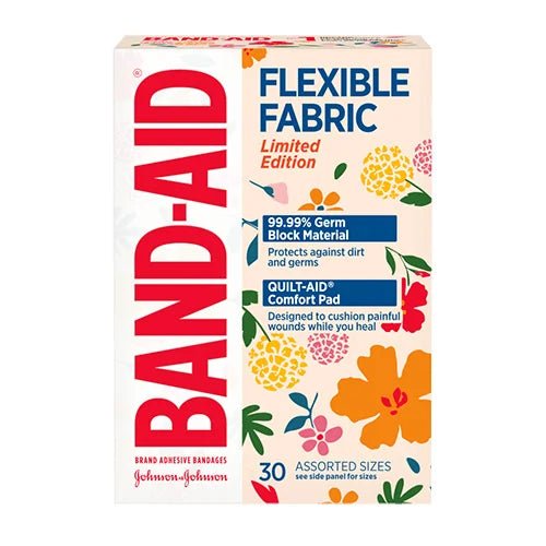 Box of Band-Aid Flexible Fabric bandages with colorful floral design on a white background - okotoks hc pharmacy