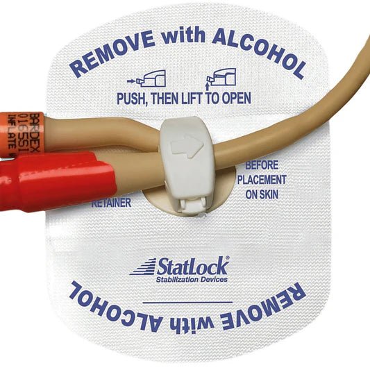 Statlock stabilization device packaging with text on how to remove it, featuring a red and beige device. - okotoks hc pharmacy
