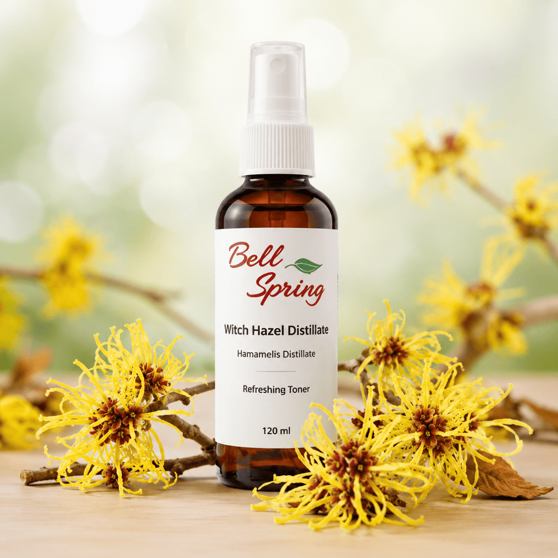 Bell Spring Witch Hazel Distillate Refreshing Toner in a 120 ml amber glass spray bottle, styled with yellow witch hazel flowers on a wooden surface against a soft, blurred green bokeh background. - okotoks hc pharmacy