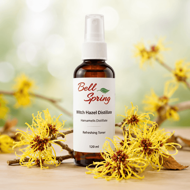 Bell Spring Witch Hazel Distillate Refreshing Toner in a 120 ml amber glass spray bottle, styled with yellow witch hazel flowers on a wooden surface against a soft, blurred green bokeh background. - okotoks hc pharmacy
