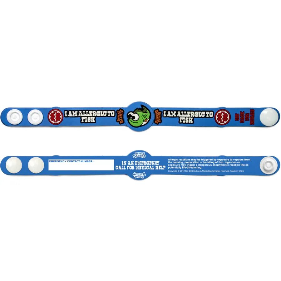 Allergy alert band with emergency contact information on a blue background - okotoks hc pharmacy