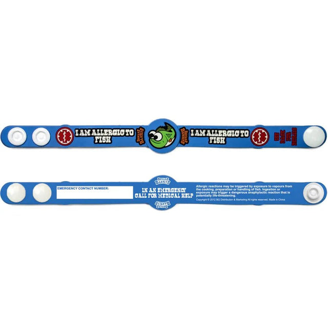 Allergy alert band with emergency contact information on a blue background - okotoks hc pharmacy
