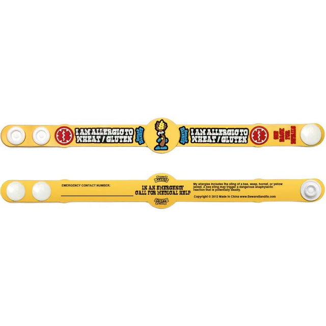 Two allergy identification bands with text and symbols on a yellow background - okotoks hc pharmacy