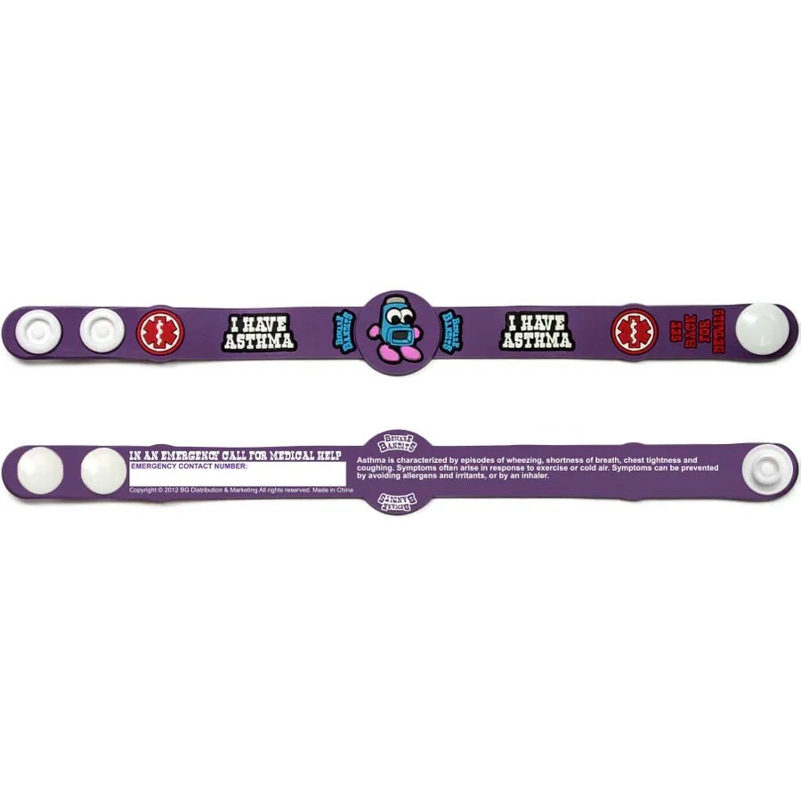 Purple asthma awareness bracelet with text and symbols on a white background - okotoks hc pharmacy