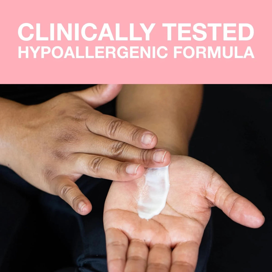 Person applying a small amount of cream to their palm with a pink background and text about clinical testing and hypoallergenic formula. - okotoks hc pharmacy