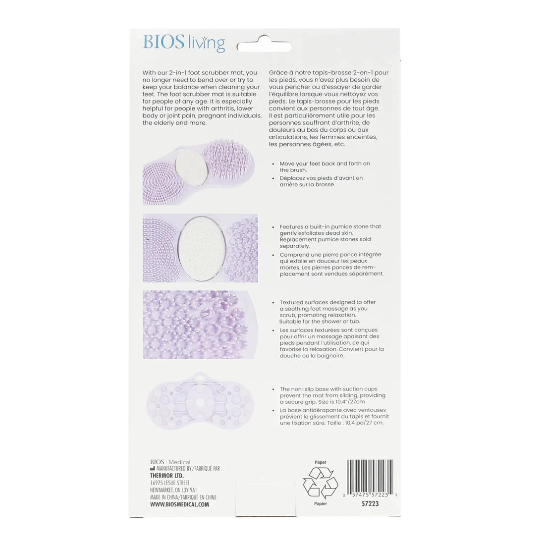 Back of a product packaging with text and images of foot scrubber mat on a white background - okotoks hc pharmacy