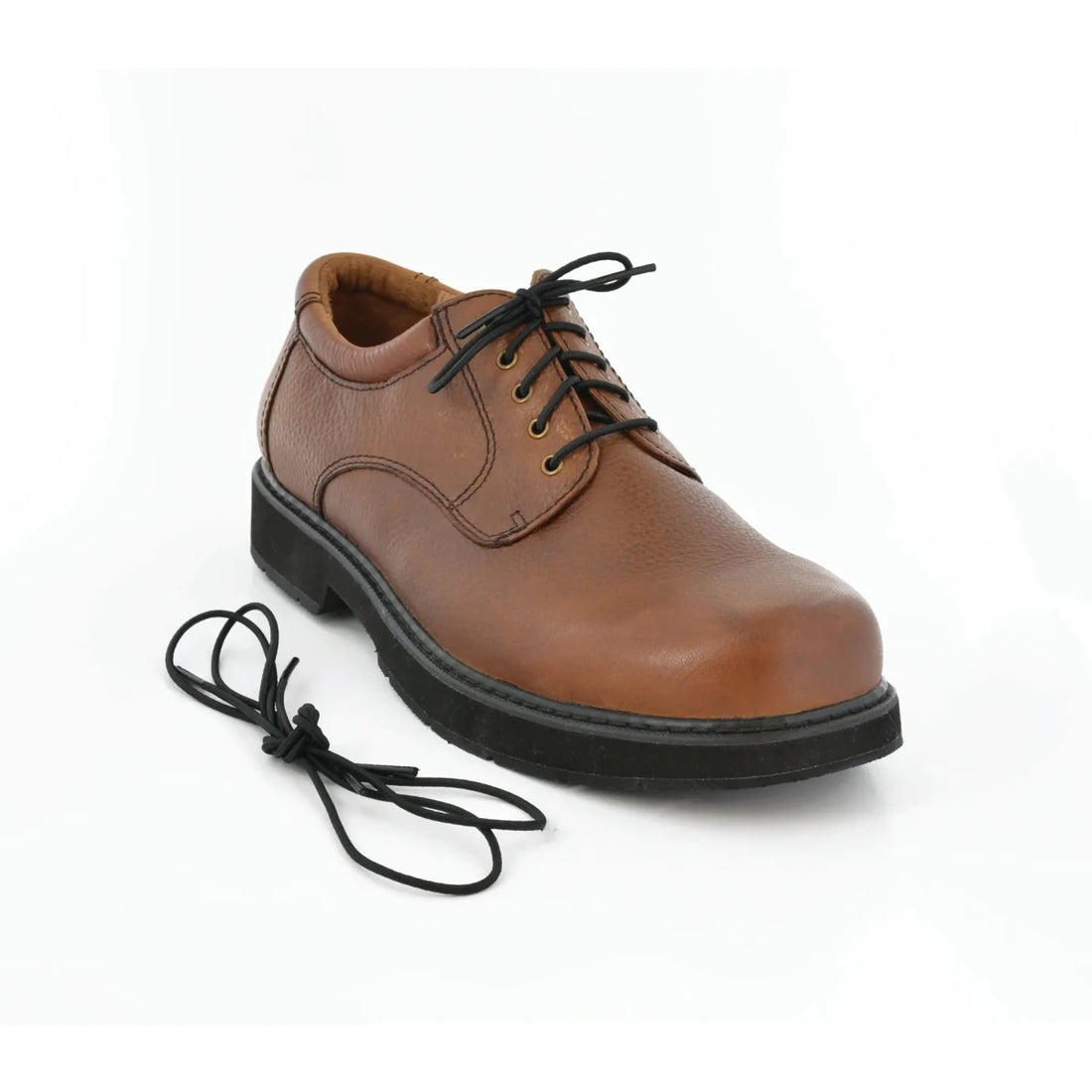 Brown leather shoe with black laces on a white background - okotoks hc pharmacy
