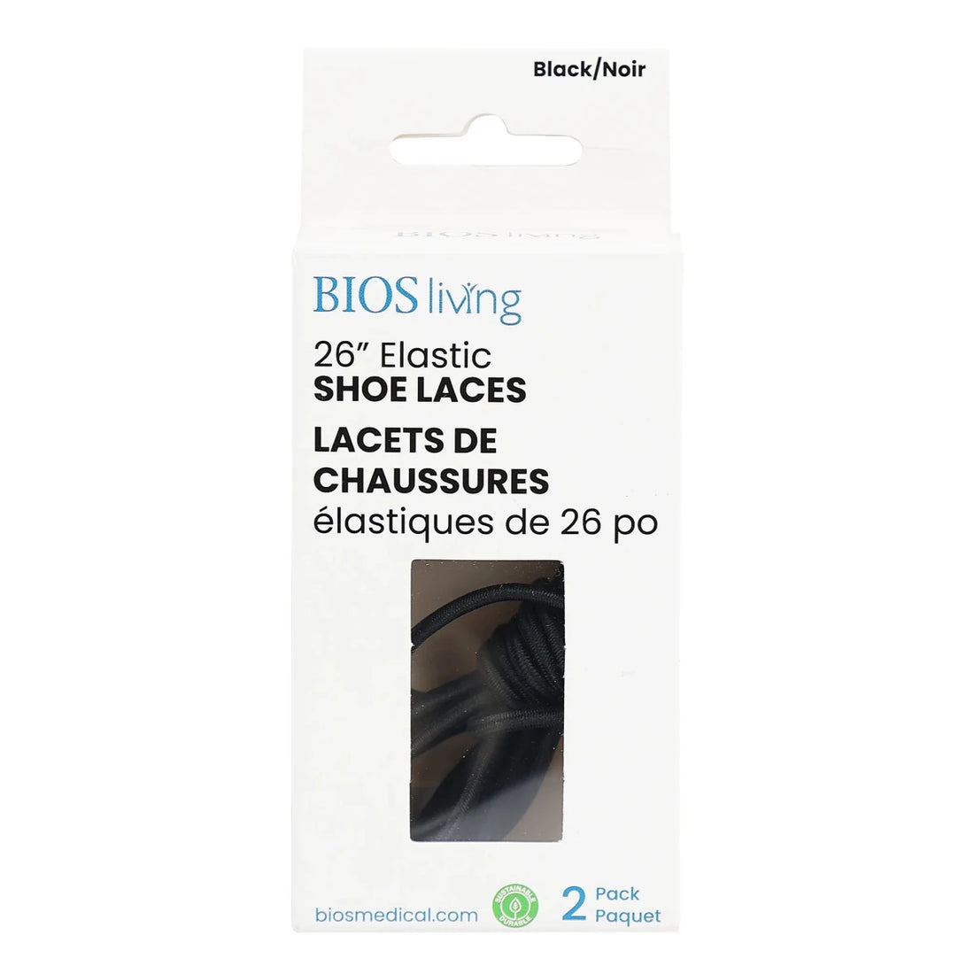 Packaging of BIOS living 26-inch elastic shoe laces on a white background - okotoks hc pharmacy