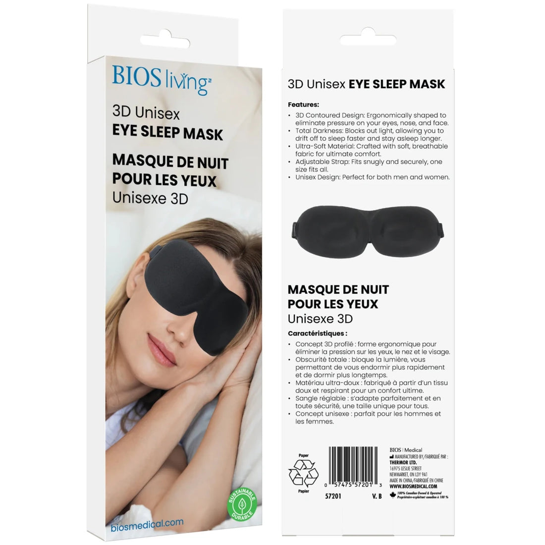 BIOS living 3D Unisex Eye Sleep Mask packaging with a woman wearing the mask. - okotoks hc pharmacy