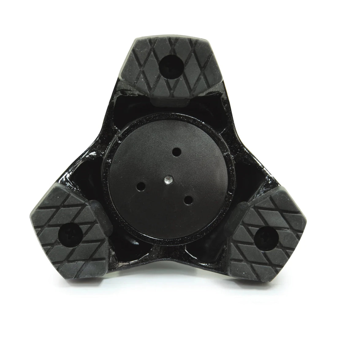 Black three-finger spinner with textured surface on a white background - okotoks hc pharmacy