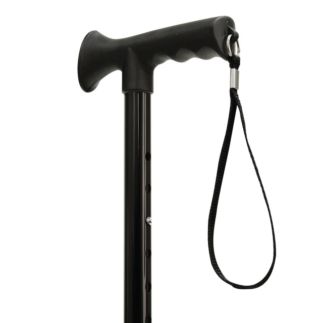 Black walking cane with a handle and strap on a white background - okotoks hc pharmacy