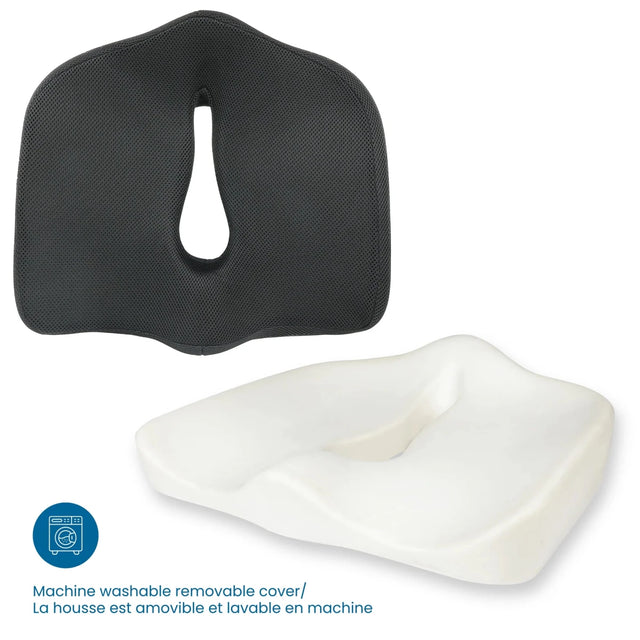 Black and white seat cushion on a white background with machine washable feature label. - okotoks hc pharmacy