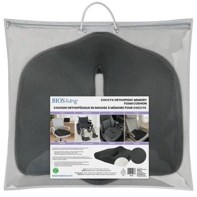 Coccyx orthopedic memory foam cushion in packaging with BIOS living label. - okotoks hc pharmacy