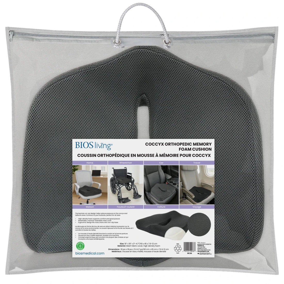 Coccyx orthopedic memory foam cushion in packaging with BIOS living label. - okotoks hc pharmacy