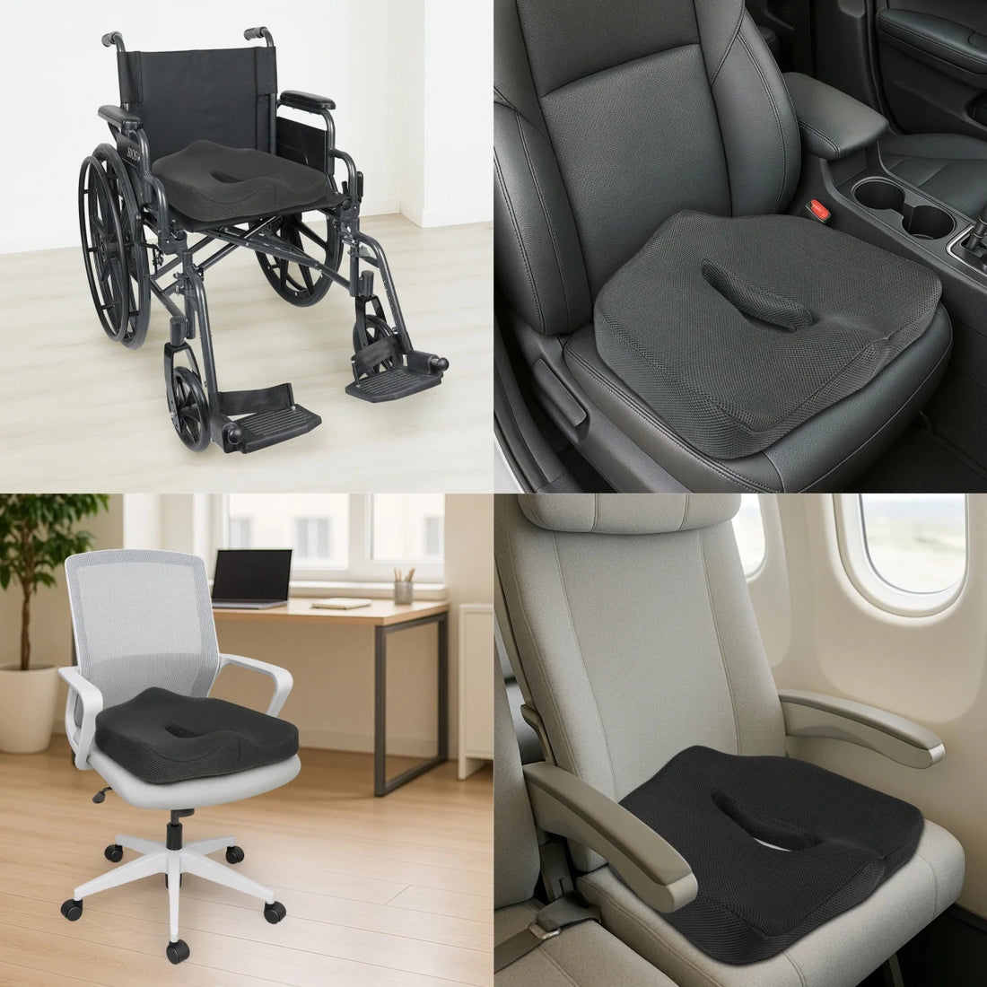 Collage of wheelchair, car seat, office chair, and airplane seat with cushioned areas. - okotoks hc pharmacy
