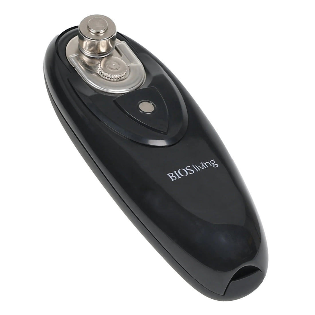 Black electronic can opener with metallic top section on a white background, branded 'BIOS living'. - okotoks hc pharmacy