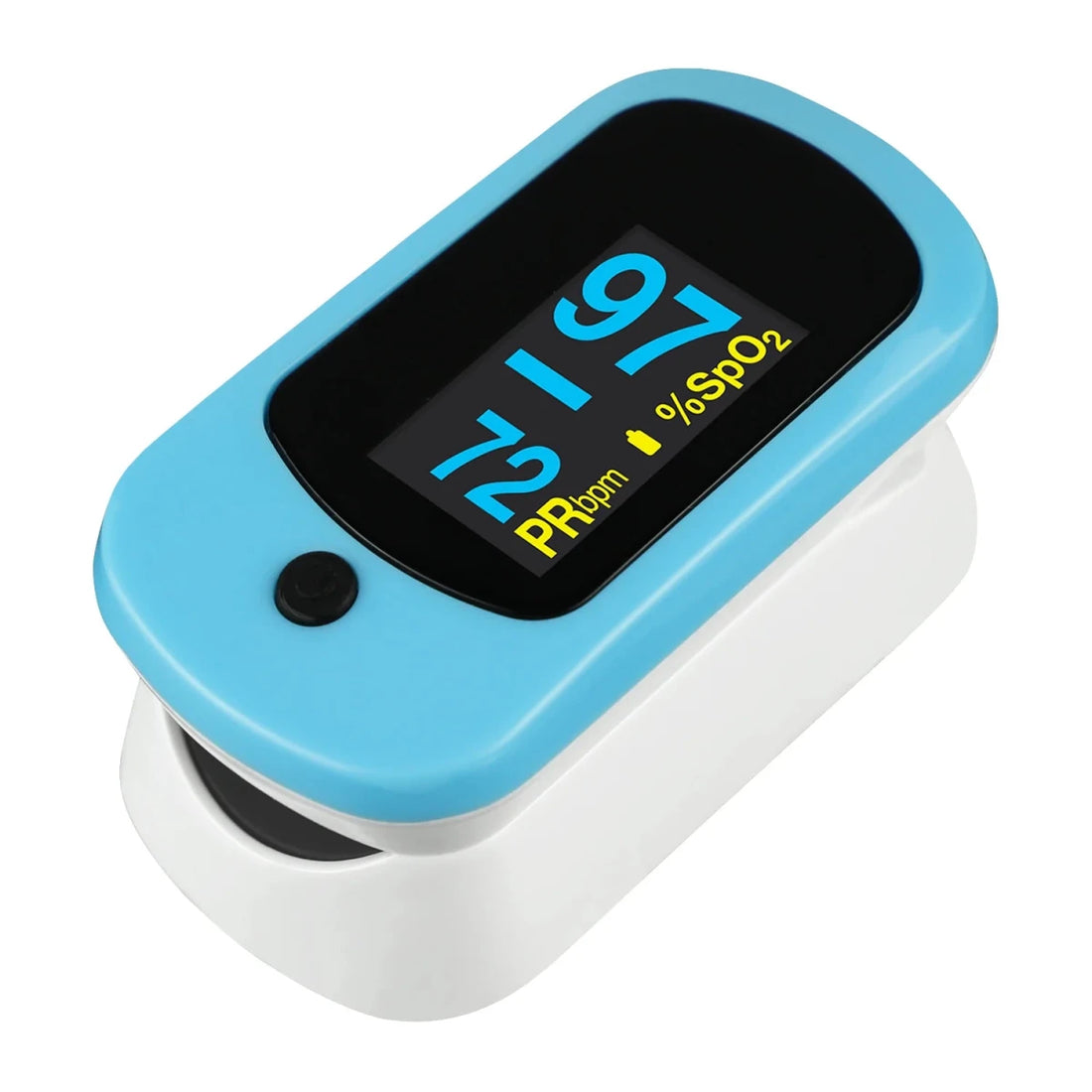 Finger pulse oximeter with blue and white design on a white background - okotoks hc pharmacy