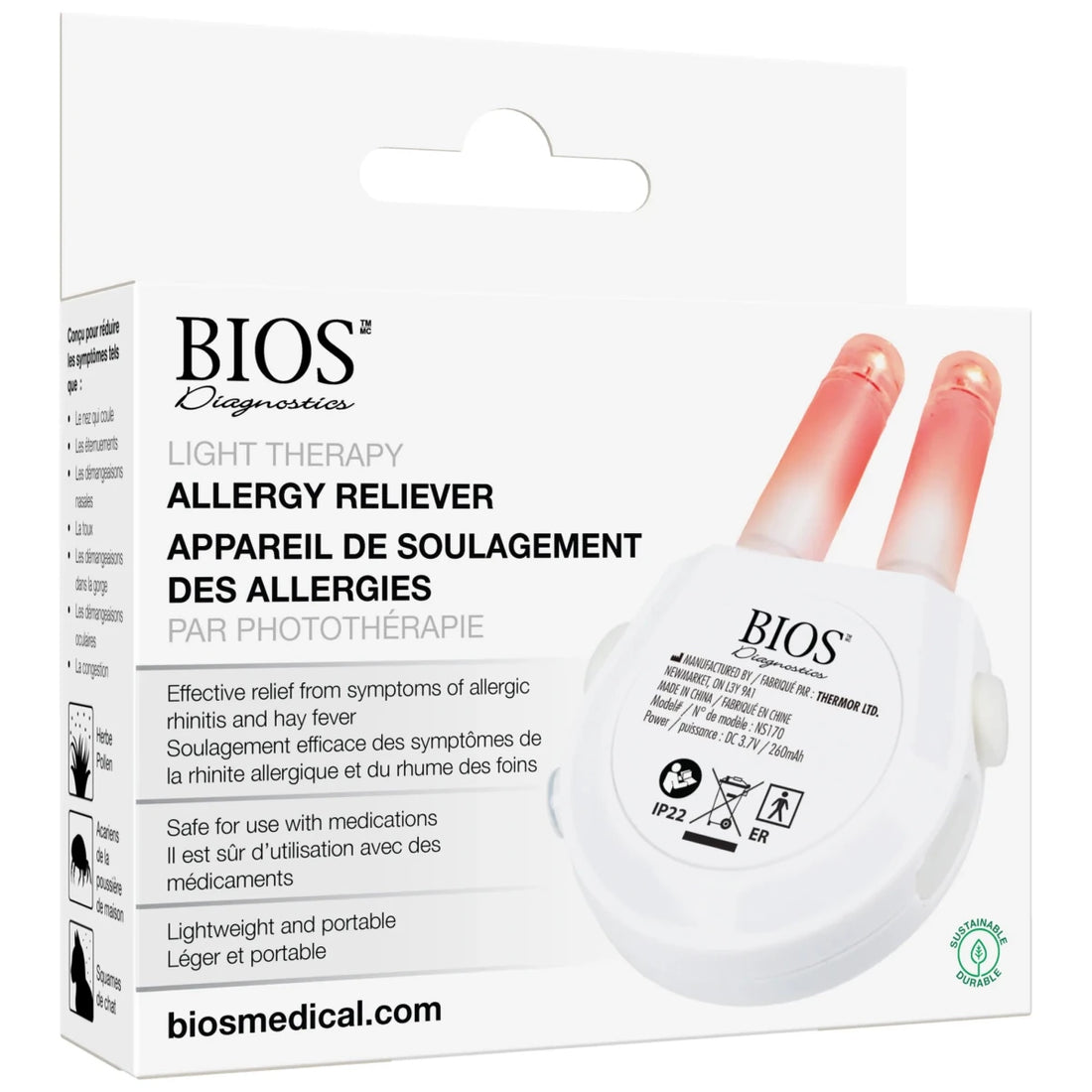 BIOS Diagnostics allergy reliever device packaging with two light therapy devices inside. - okotoks hc pharmacy