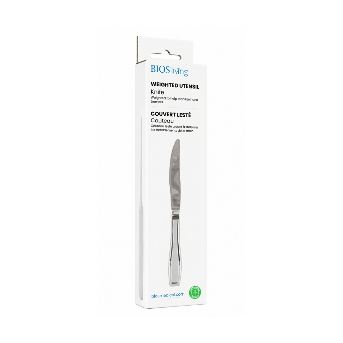 Packaged weighted utensil knife with BIOS living branding on a white background - okotoks hc pharmacy