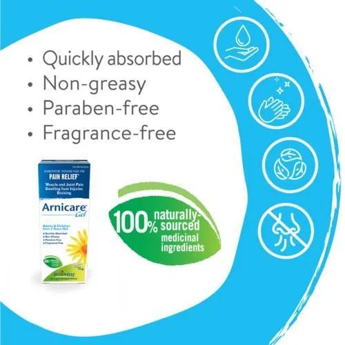 Arnicare Gel packaging with product features listed on a blue and white background - okotoks hc pharmacy
