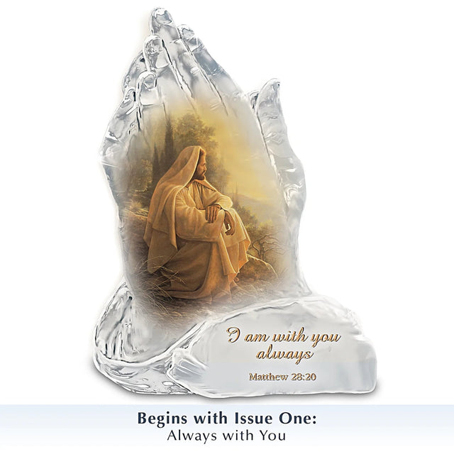Crystal sculpture of a praying hand with Jesus figure inside, featuring the text 'I am with you always' from Matthew 28:20.