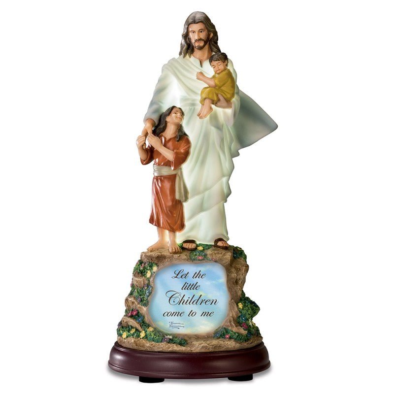 Statue of Jesus figure holding children with a quote on a white background - okotoks hc pharmacy