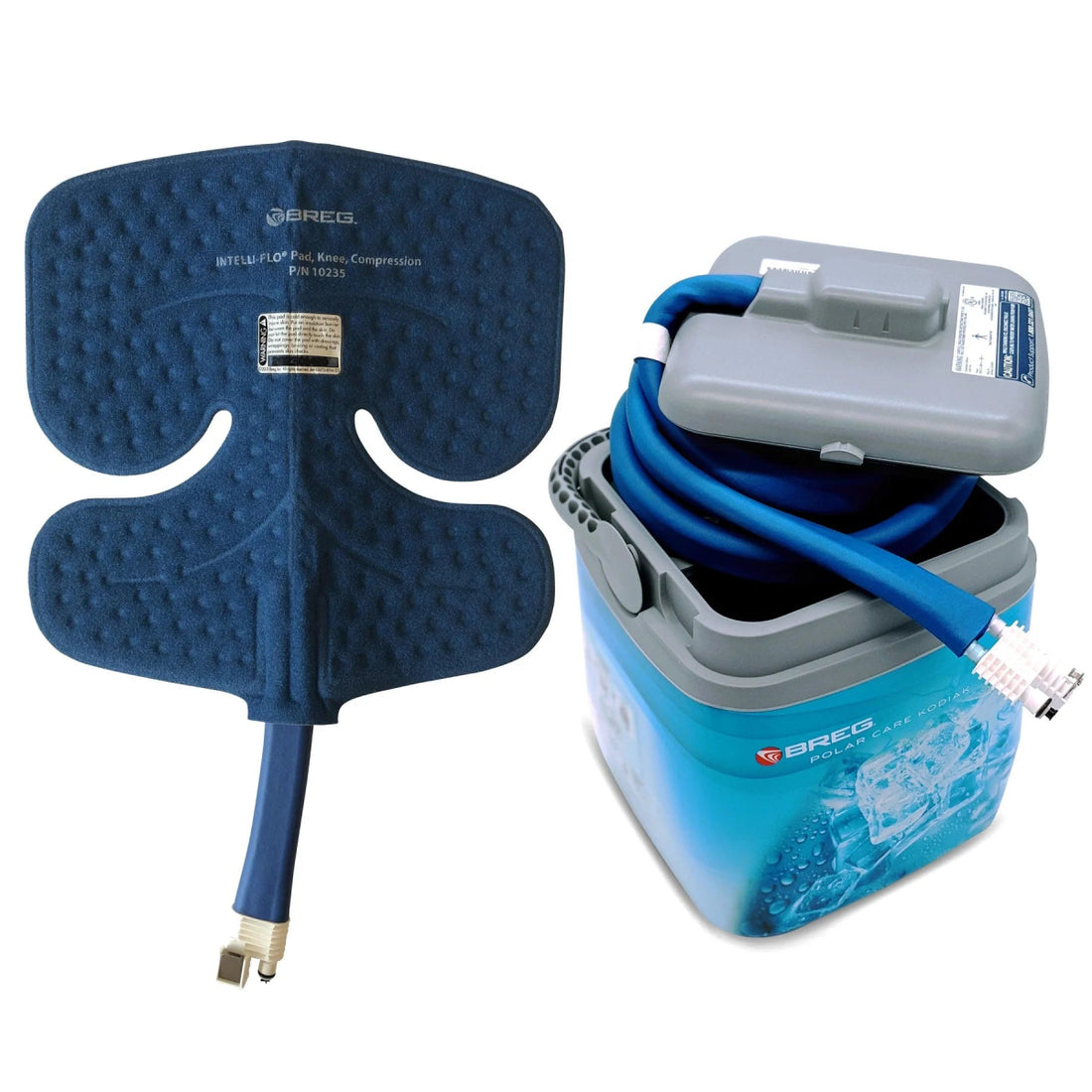 Blue compression knee pad with hose and gray container on a white background - okotoks hc pharmacy