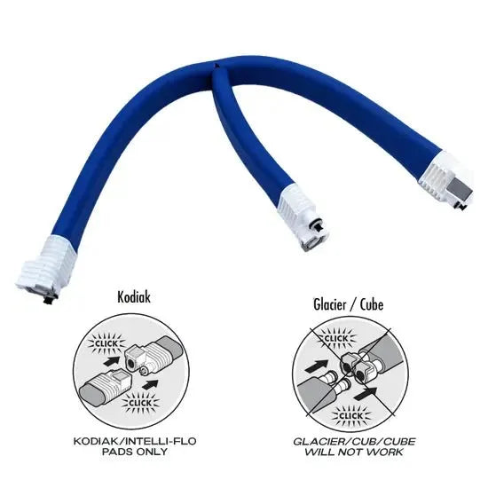 Blue hose with white connectors and compatibility diagrams for Kodiak and Glacier/Cube systems on a white background. - okotoks hc pharmacy