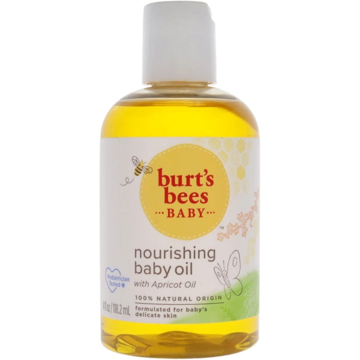 Burt's Bees Baby nourishing baby oil bottle with apricot oil on a white background - okotoks hc pharmacy