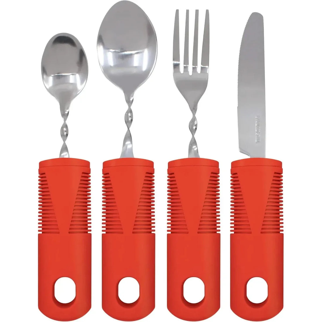 Set of four utensils with red handles on a white background - okotoks hc pharmacy