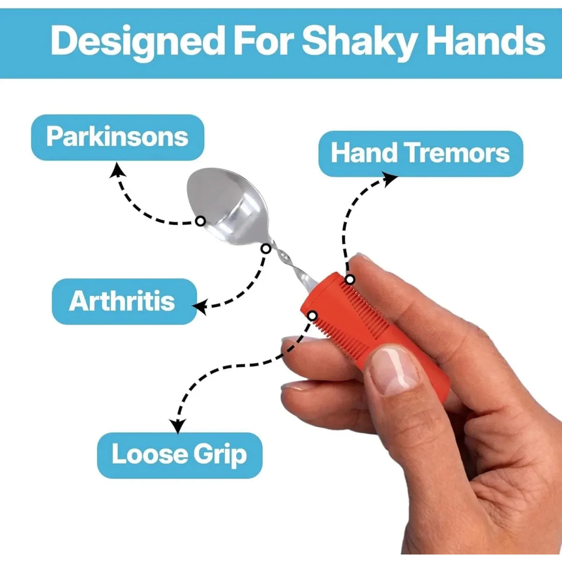 Hand holding a red tool designed for shaky hands with text labels on a blue background - okotoks hc pharmacy
