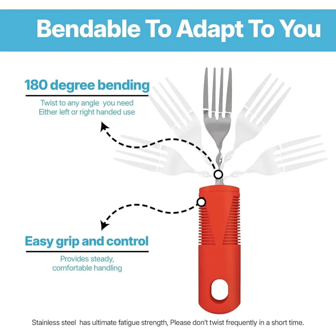 Bendable fork with red handle and text explaining its features on a blue and white background - okotoks hc pharmacy