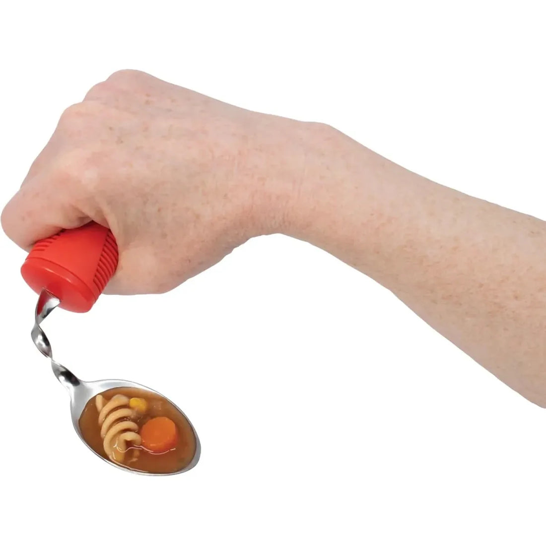 Hand using a red spoon with a white background - okotoks hc pharmacy