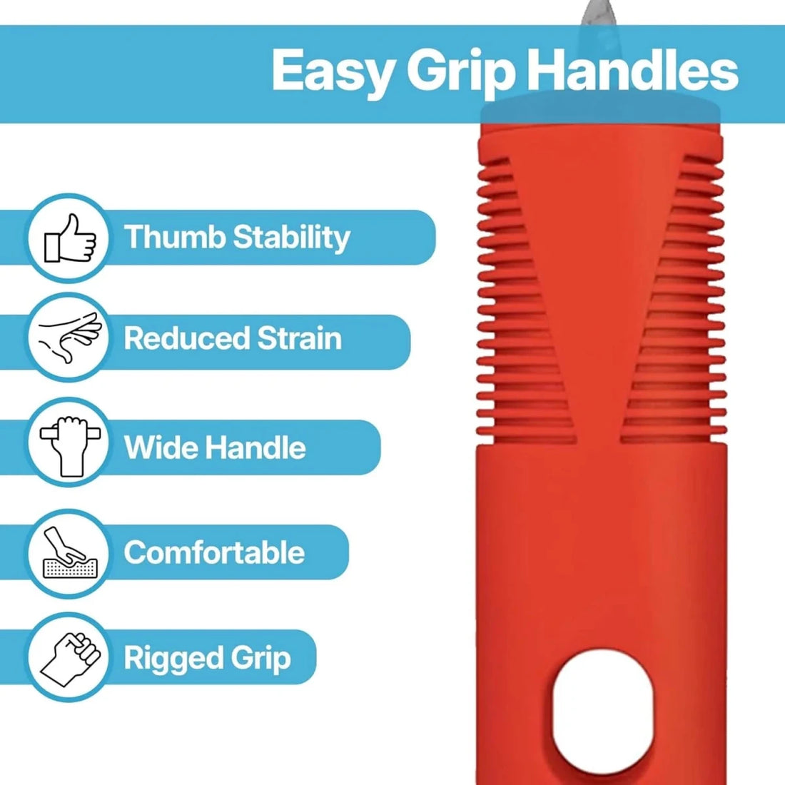 Red spoon with 'Easy Grip Handles' text and features listed on a white background - okotoks hc pharmacy