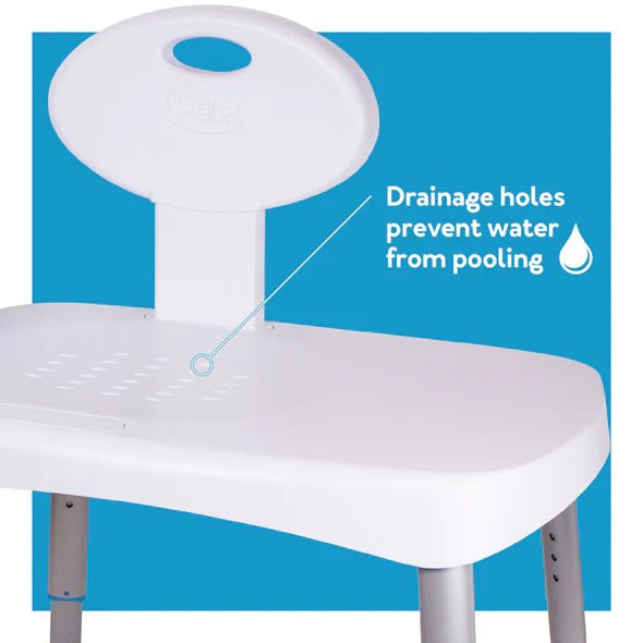 White chair with a blue background highlighting drainage holes - okotoks hc pharmacy