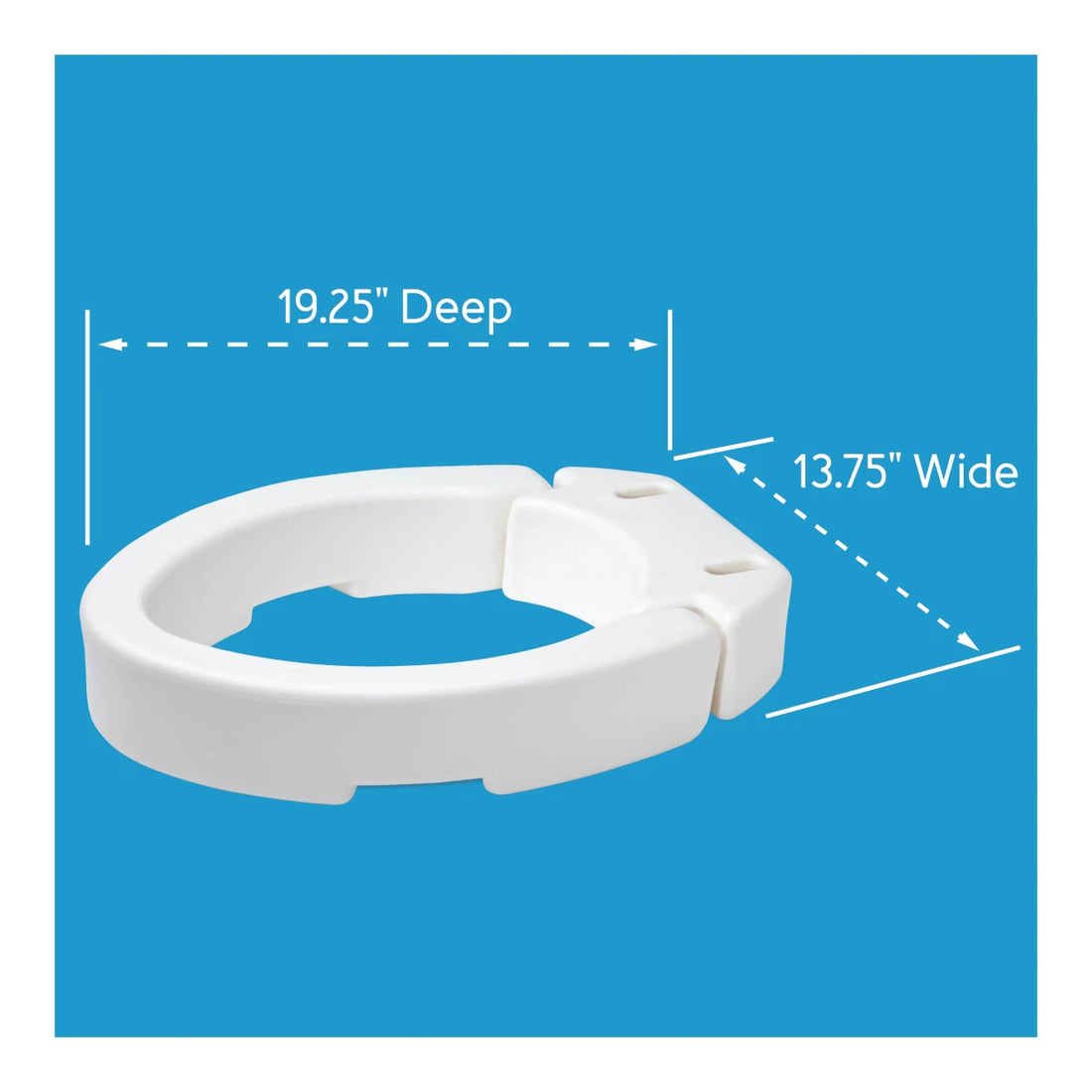 White toilet seat with measurements on a blue background - okotoks hc pharmacy