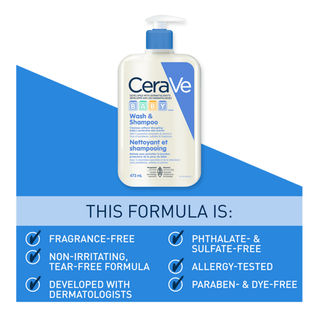 CeraVe wash and shampoo bottle with product features on a blue and white background - okotoks hc pharmacy