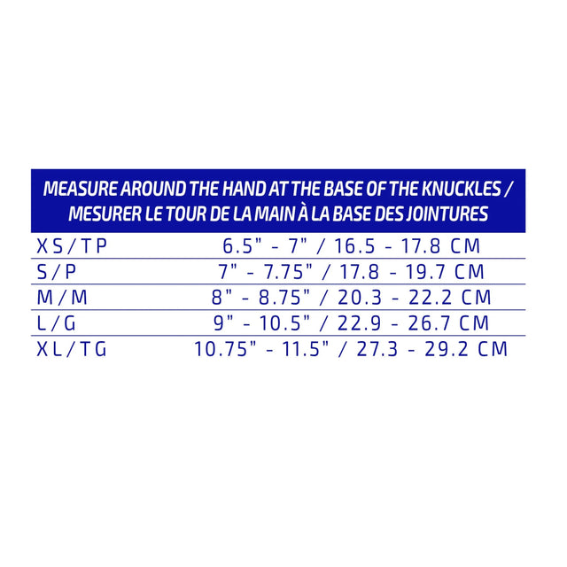 Measurement chart for hand sizes with blue border on white background - okotoks hc pharmacy