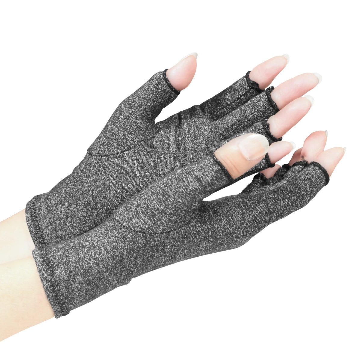 Pair of gray compression gloves on a white background - okotoks hc pharmacy
