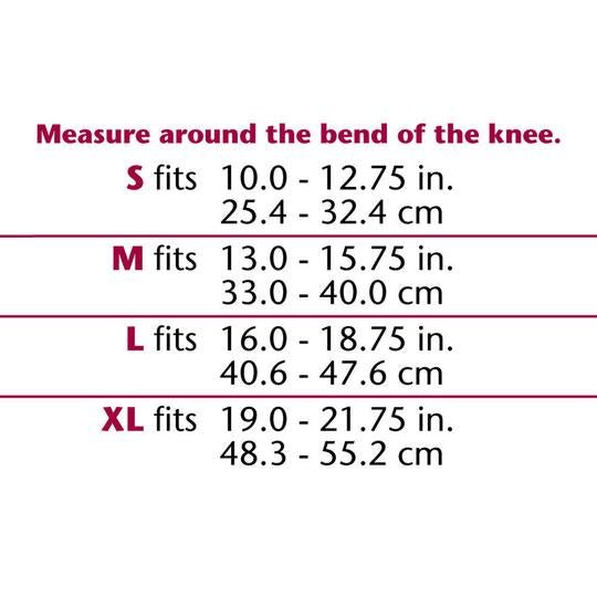 Measurement chart for knee circumference with size options and corresponding measurements. - okotoks hc pharmacy