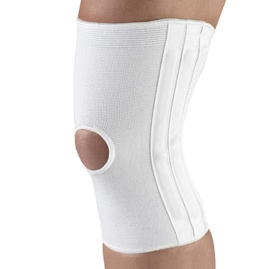 White knee brace on a person's leg against a white background - okotoks hc pharmacy