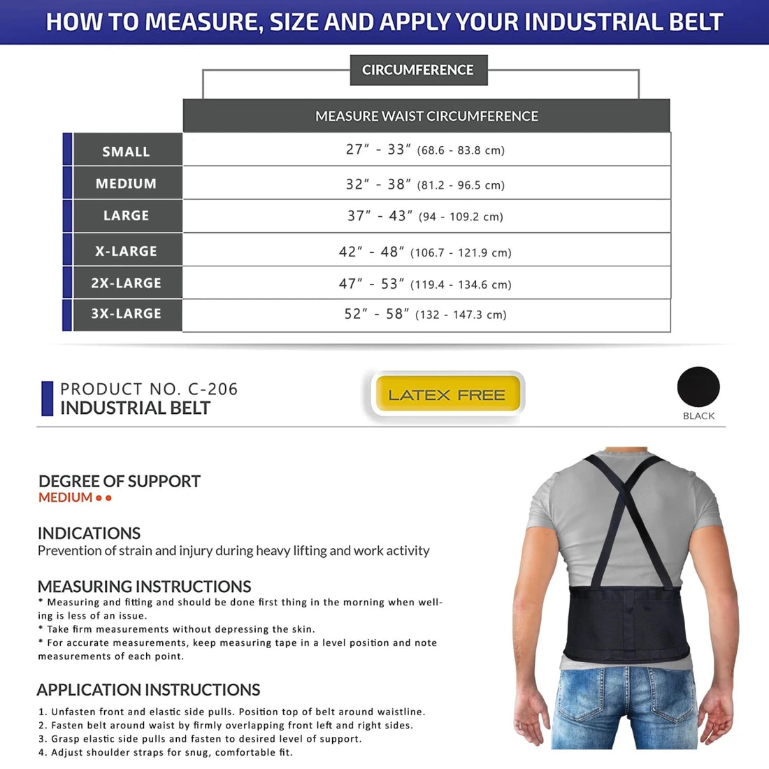 Measurement chart for industrial belts with size guide and person wearing a belt. - okotoks hc pharmacy