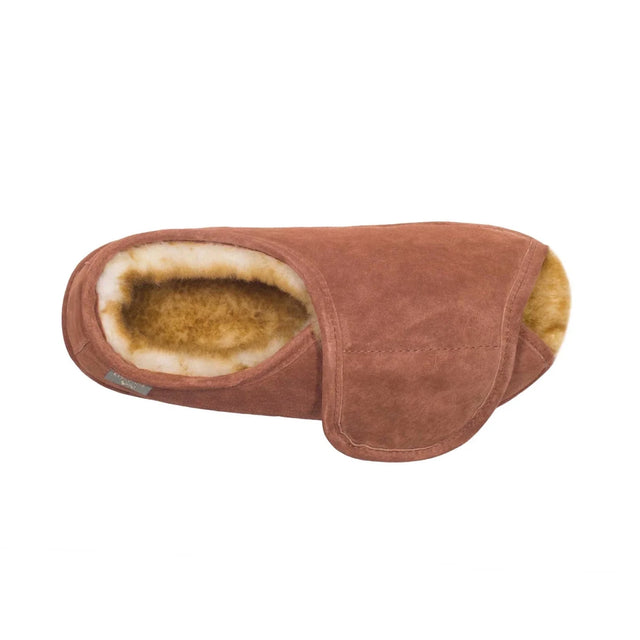 Brown slipper with fur lining on a white background - okotoks hc pharmacy