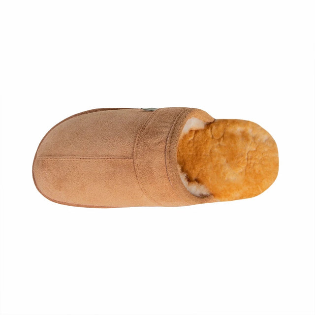 Brown slipper with fur trim on a white background - okotoks hc pharmacy